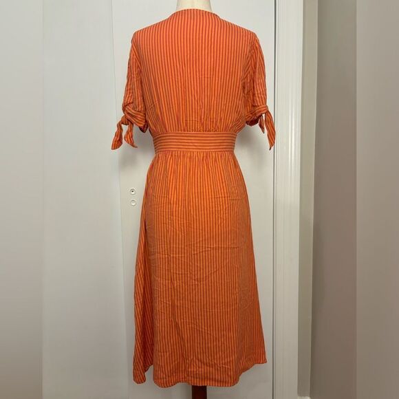 Lulus Sunshine Dreamer Coral Pink Striped Wrap Midi Dress Size S - Picture 2 of 7